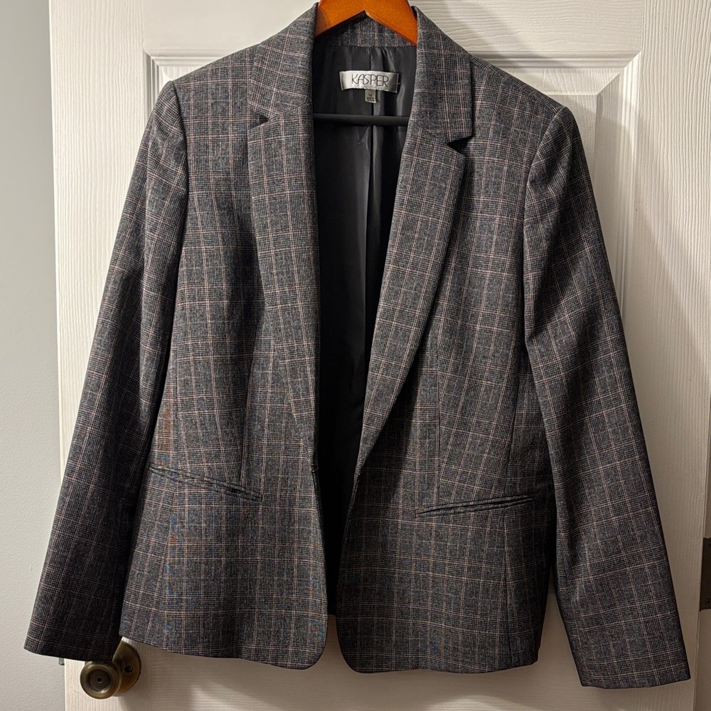 Kasper Charcoal Checkered Blazer With Subtle Pink Stripes
